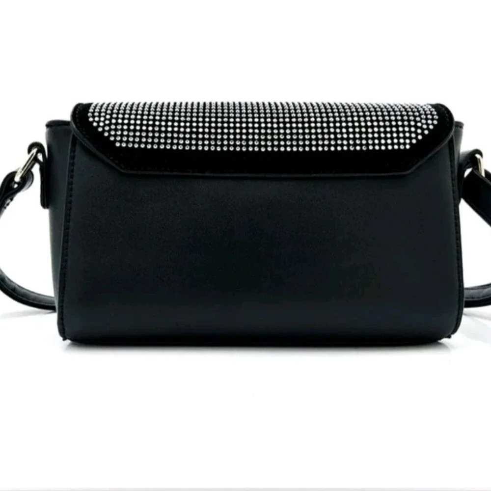 Valentino Orlandi Silver Studded Black Crossbody Bag Foldover Handbag Italy Luxe